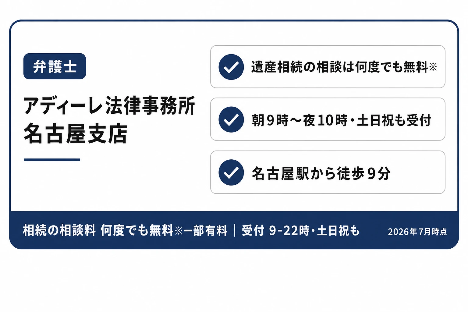 アディーレ法律事務所 名古屋支店の紹介カード：遺産相続の相談は何度でも無料（一部サービスの相談は有料）・朝9時から夜10時まで土日祝も受付・名古屋駅から徒歩9分（2026年7月時点）