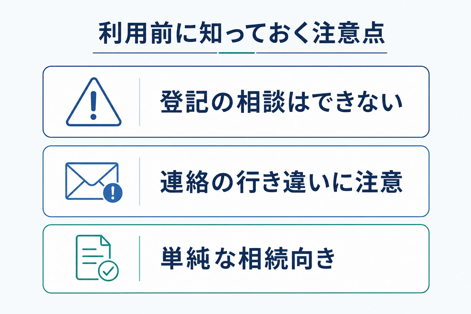 そうぞくドットコムの注意点(登記相談ができない・連絡が遅れた事例・単純な相続向き)を示した図解