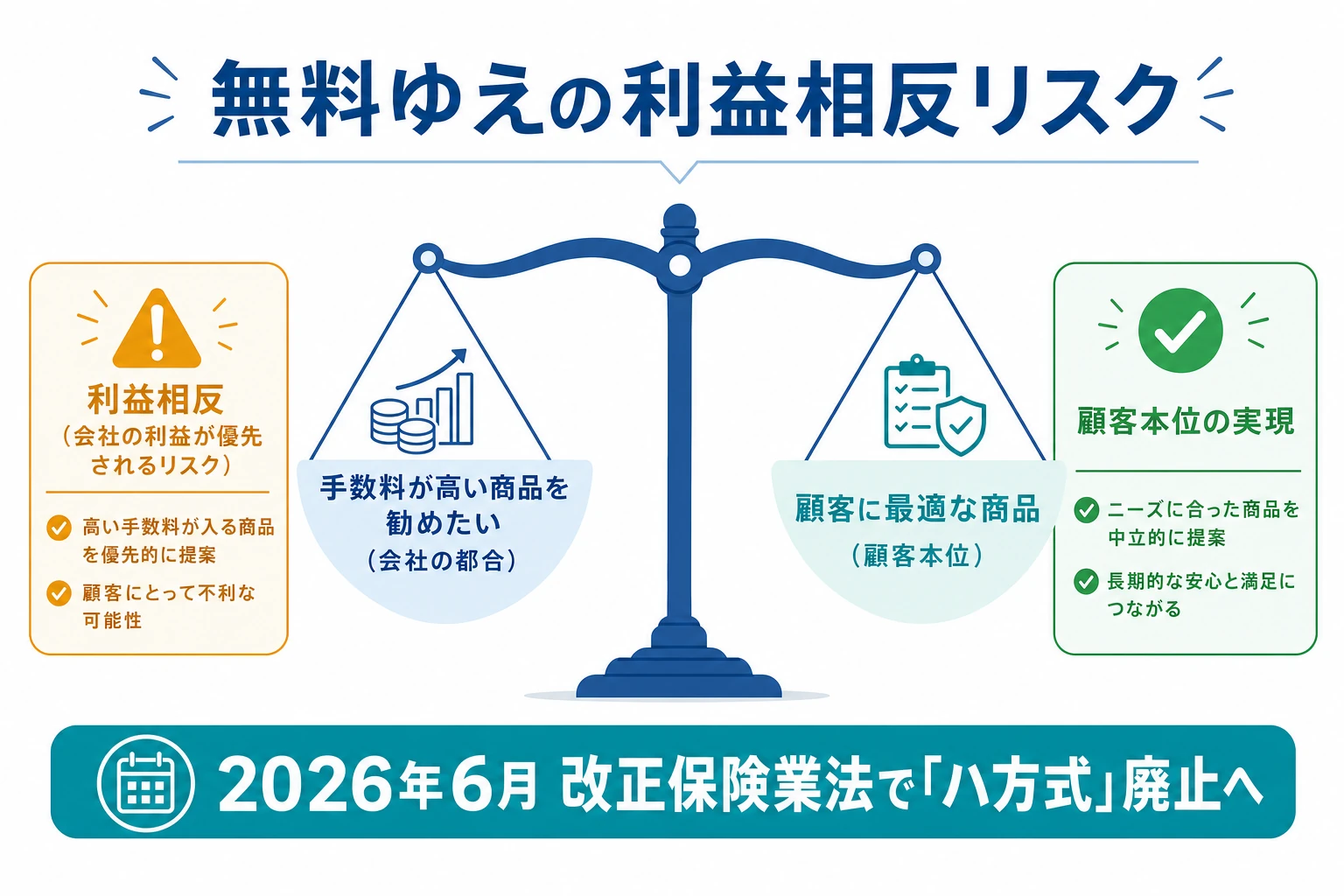 無料相談の利益相反リスクを天秤で示した図。手数料が高い商品を勧めたい会社の都合と顧客本位の対立、2026年6月の改正保険業法にも言及
