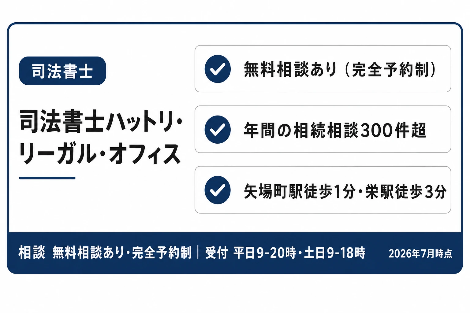 司法書士ハットリ・リーガル・オフィスの紹介カード：無料相談あり（完全予約制）・年間の相続相談件数300件超・矢場町駅徒歩1分で栄駅徒歩3分（2026年7月時点）