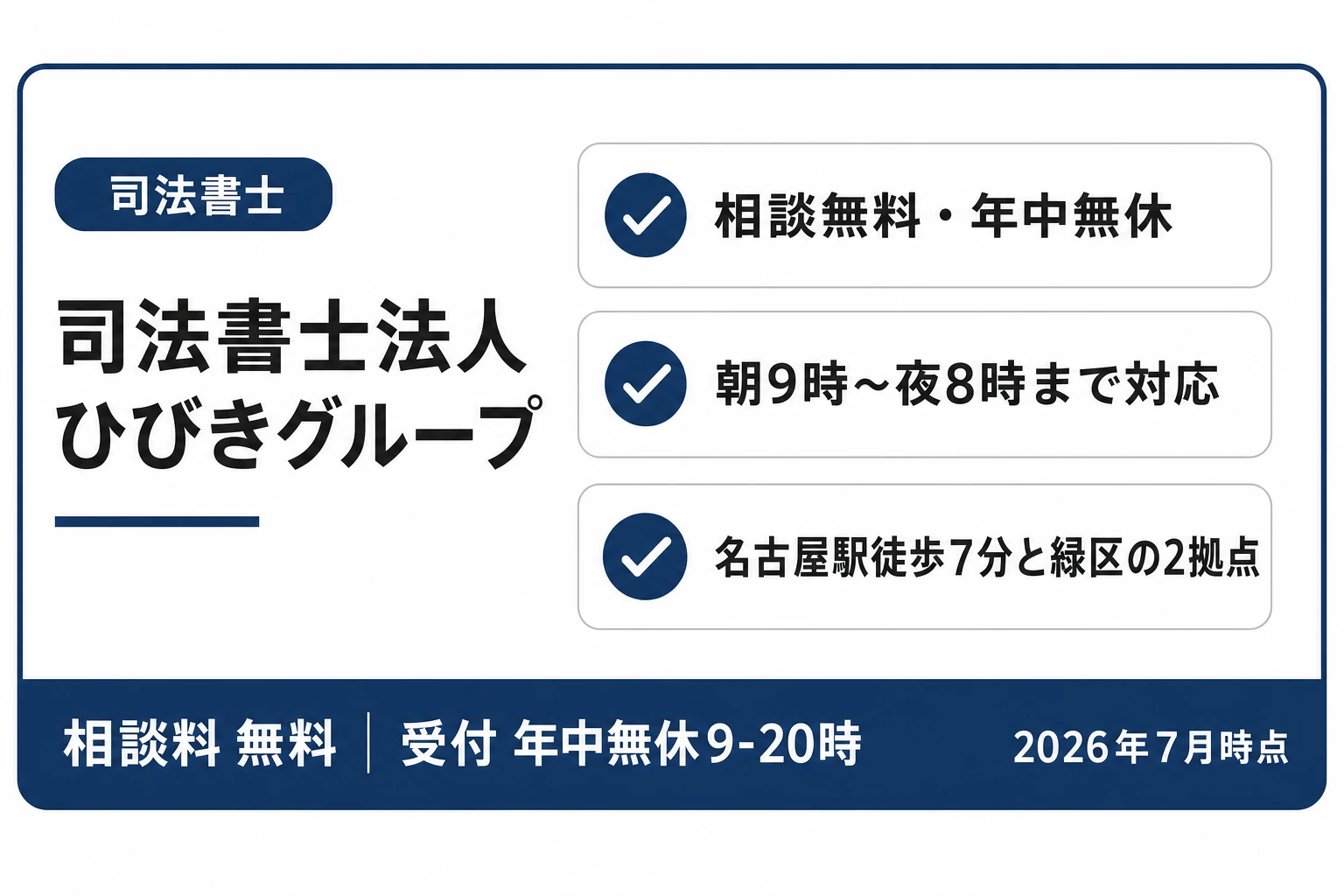 司法書士法人ひびきグループの紹介カード：相談無料で年中無休・朝9時から夜8時まで対応・名古屋駅徒歩7分の名駅オフィスと緑区の2拠点（2026年7月時点）