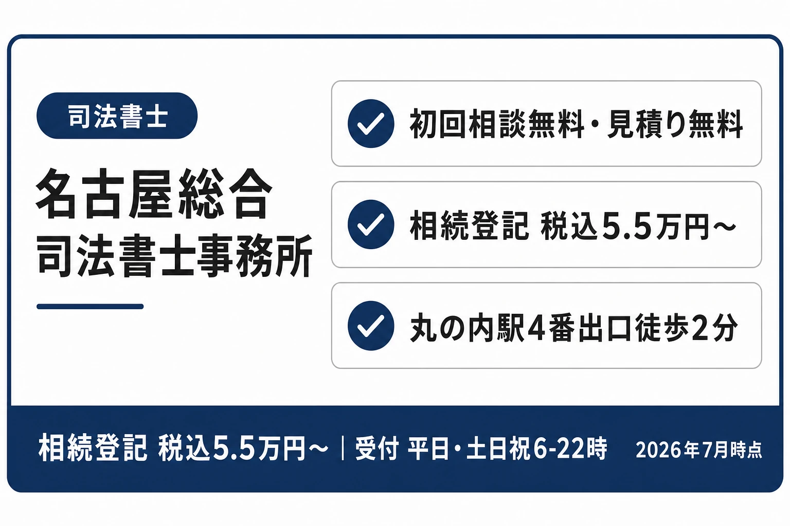 名古屋総合司法書士事務所の紹介カード：初回相談無料で見積り無料・相続登記は税込5.5万円から・丸の内駅4番出口徒歩2分（2026年7月時点）